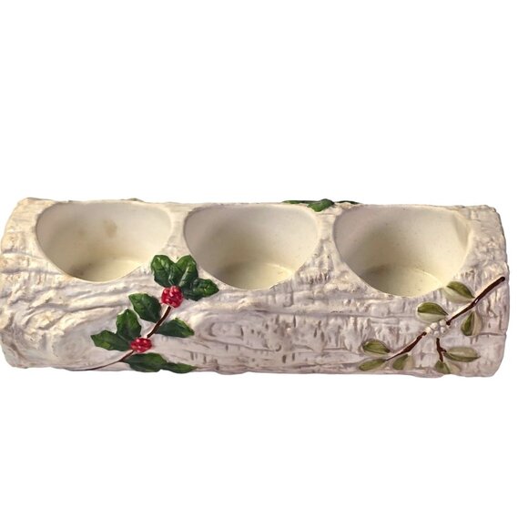 Yankee Candle Birch Log Tea Light Holder 3 Cup Holly Berry Winter Christmas Xmas - Picture 2 of 11